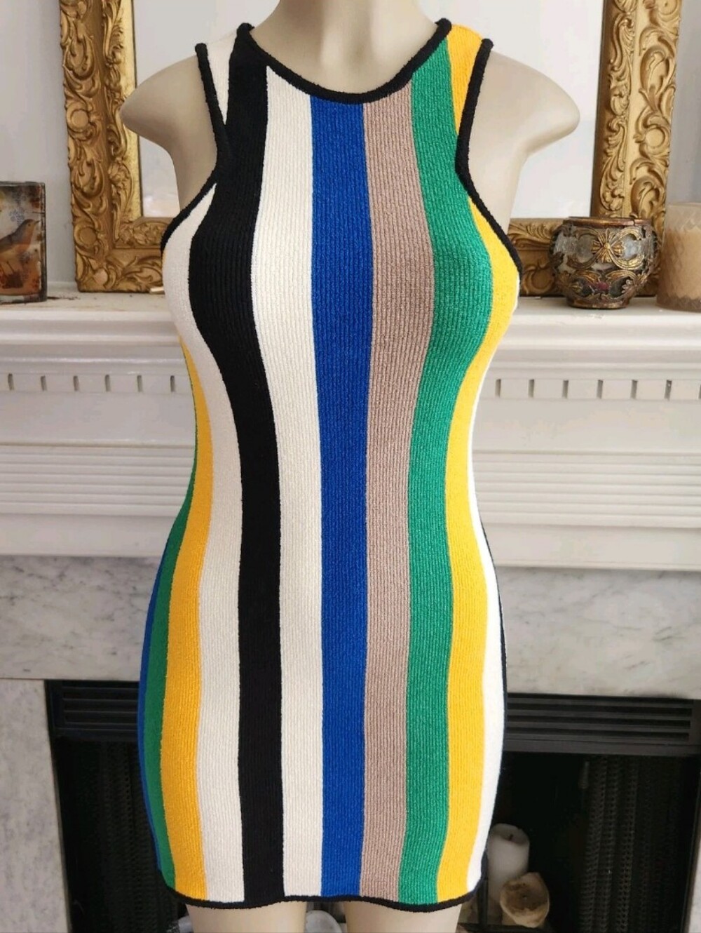 Simon Miller Mango Blue Striped Dress Green White Mini Stretch Terry Size 8 - Picture 2 of 9